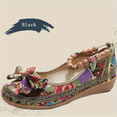 Tribal Style Beading Flat Shoes Retro Floral Print Bowknot Walking Shoes