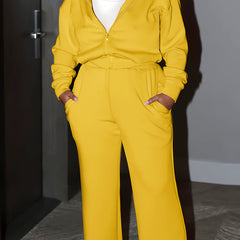 Solid Long Sleeve Zipper Front Coat & Loose Pants Set