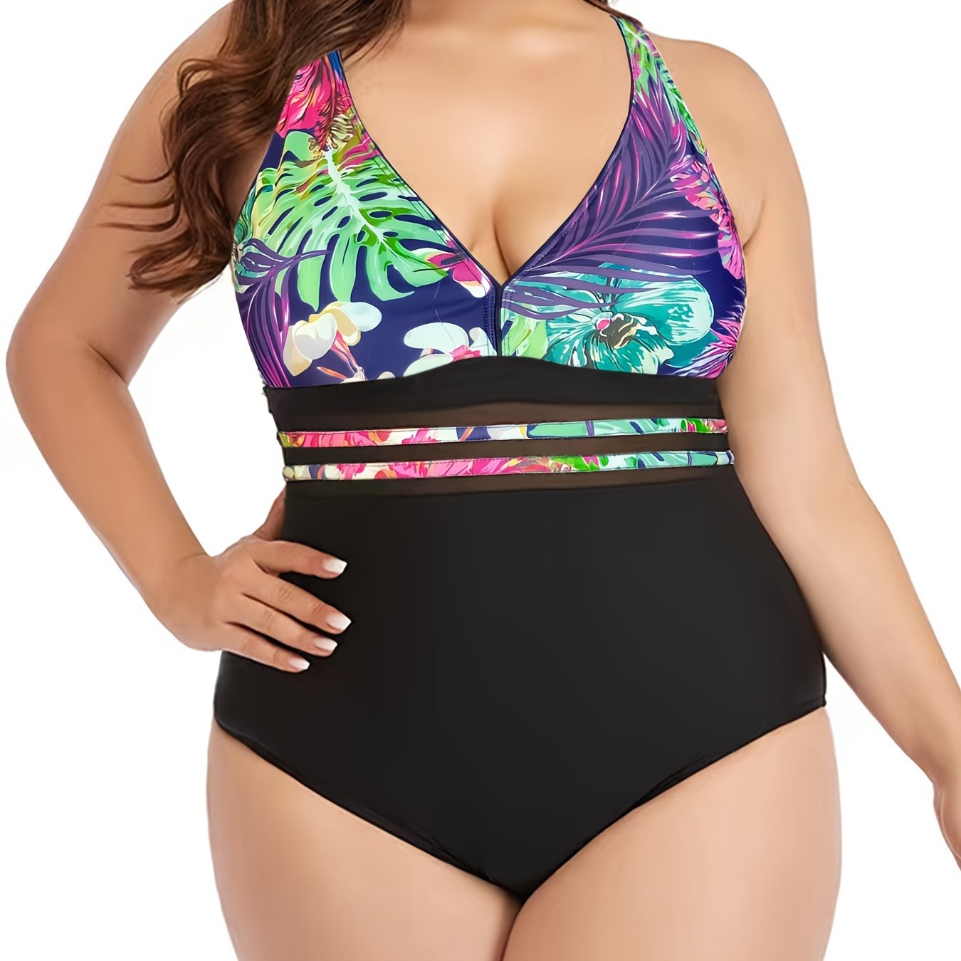 Tropical Print V Neck One Piece Swimsuit Women's