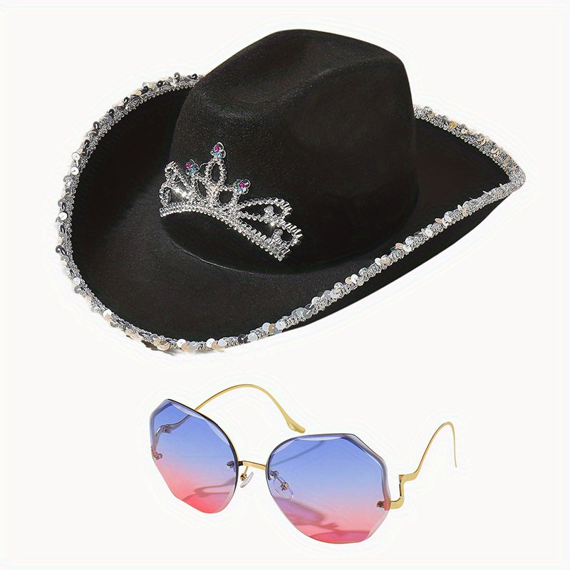 Y2K Cowgirl Hat Glasses Set Crown Fedora Cap