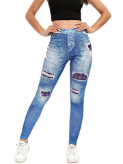 Denim Print High Waist Skinny Leggings Casual Stretchy Leggings