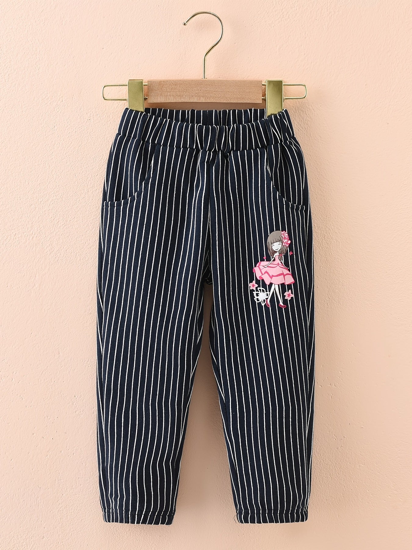 Girls Casual Striped Pants with Cartoon Print