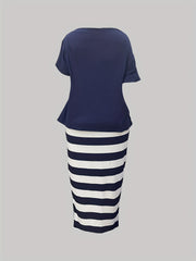 Anchor & Letter Print One Shoulder Top & Stripe Print Skirt Set