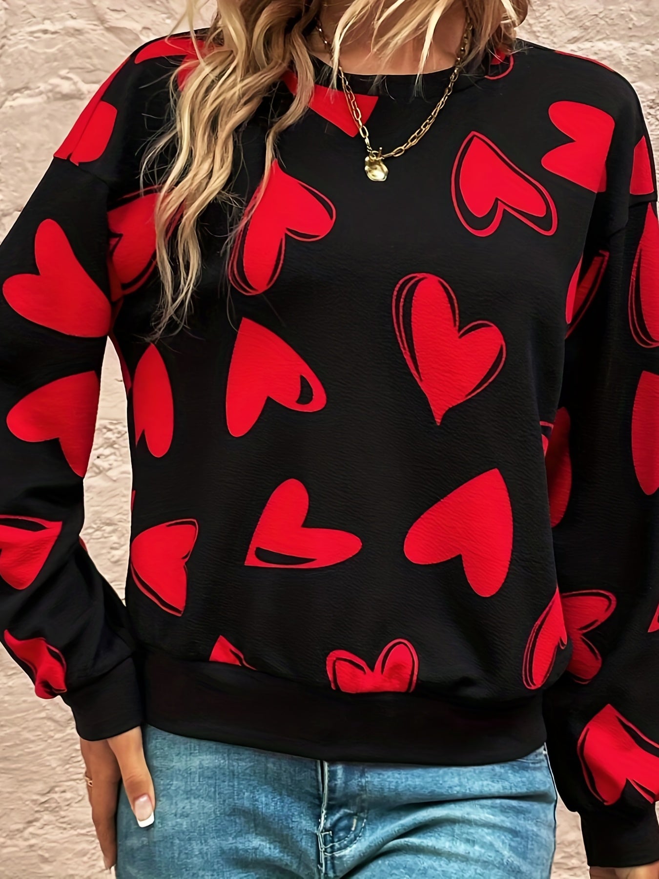 Heart Print Pullover Sweatshirt Women's Crew Neck Fall & Spring Casual Top
