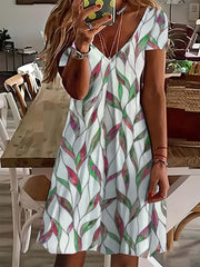 Leaf Print V Neck Casual Dress Plus Size Women
