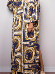 Retro Kaftan Dress Three Quarter Sleeve V Neck Baroque Print