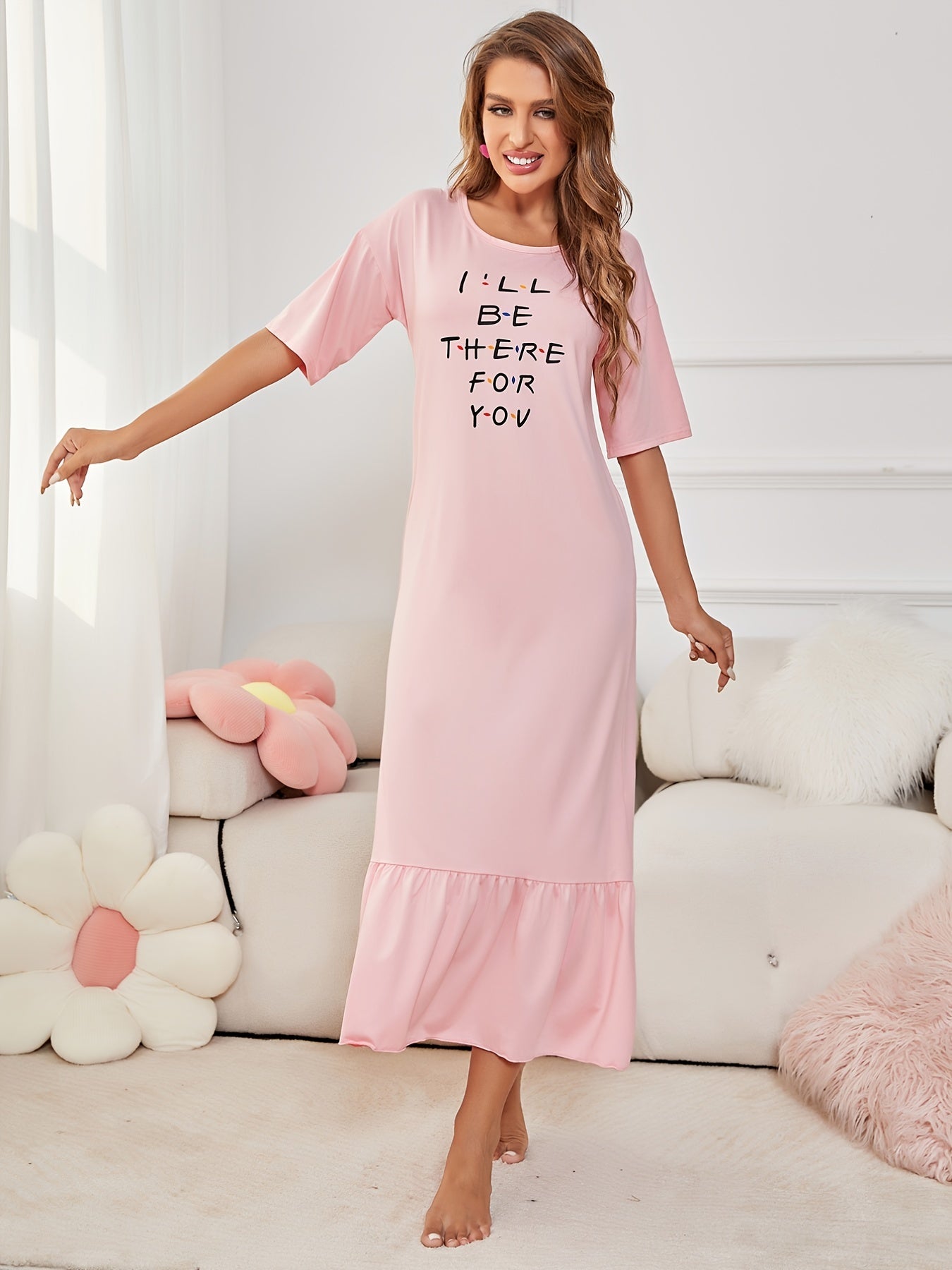 Ruffle NightDress Short Sleeve Pajama Dress Women's Sleepwear