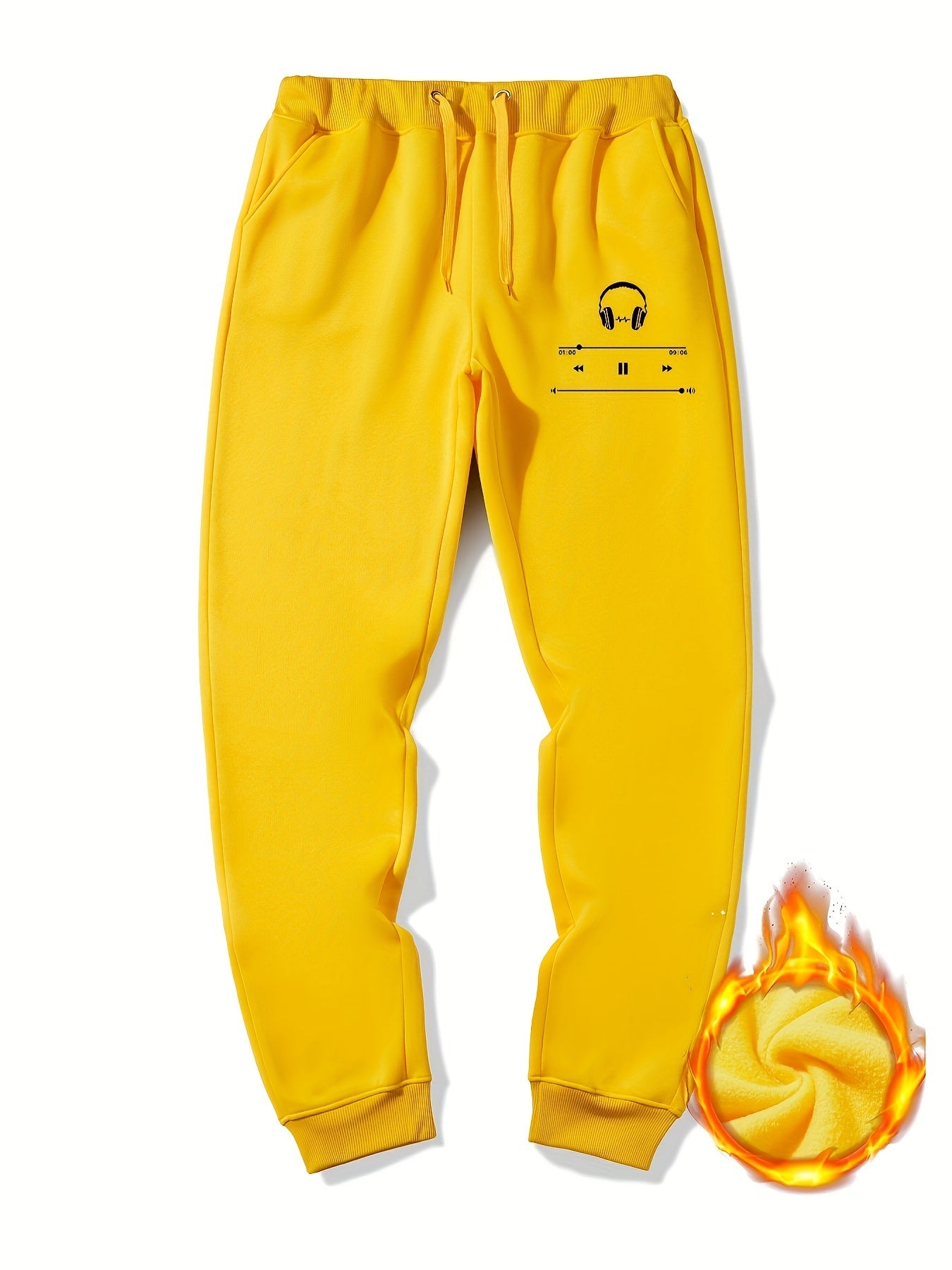 Men's Music Print Fleece Sweatpants Drawstring Jogger Pants