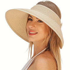 Women's Roll Up Straw Beach Sun Visor Hat Wide Brim Bowknot Cap