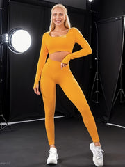 2pc Solid Yoga Set Long Sleeve Top High Waist Leggings Activewear