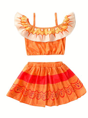 Girl's Geometric Print Bikini Set with Camisole Top & Skirt