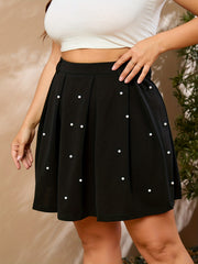 Women's High Rise Pleated Skirt with Faux Pearl Decor