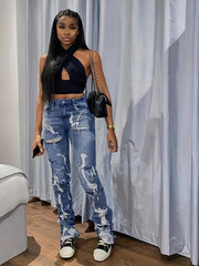 High Waist Ripped Straight Jeans Distressed Denim Pants Women's Clothing