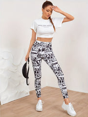 Vintage Style Printed Letter Sports Yoga Leggings Elastic Tight Pants