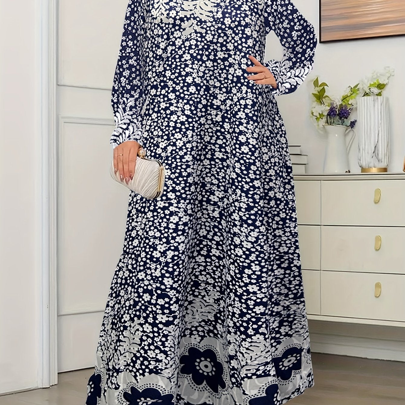 Women's Plus Size Boho Maxi Dress Long Sleeve Floral Print Loose Fit