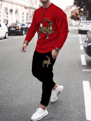 Christmas Deer Pattern Mens Outfit Long Sleeve T shirt And Sweatpants Set