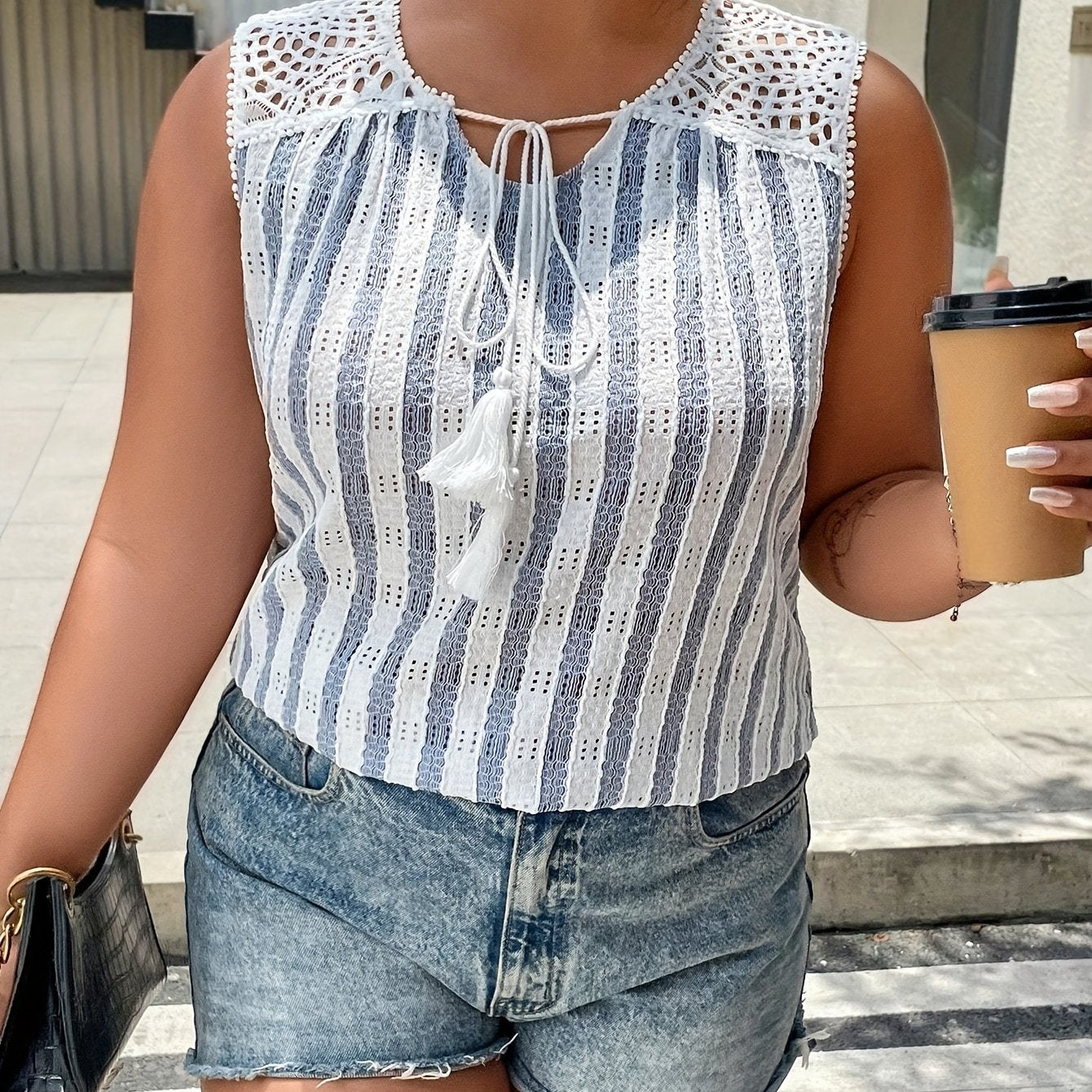 Plaid Print Lace Tie Front Tank Top
