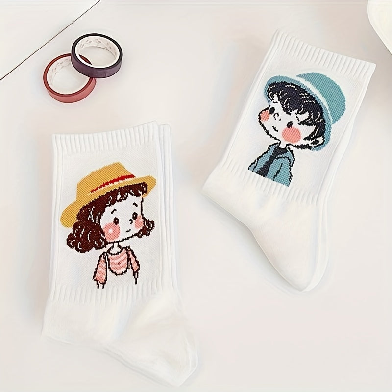 5 Pairs Cartoon Print Socks Comfy Mid Tube Stockings & Hosiery