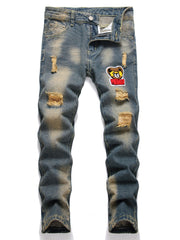 Boys Bear Print Ripped Jeans Skinny Slim Fit Washed Denim Long Pants