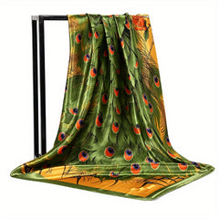 Peacock Printed Square Scarf Silk Satin Scarf Multifunction Sunscreen Shawl