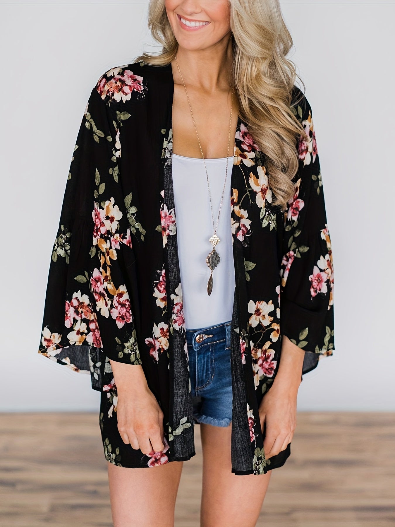 Floral Print Cover Up Shirt Long Sleeves Loose Fit V Neck Semi Sheer Kimono