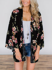 Floral Print Cover Up Shirt Long Sleeves Loose Fit V Neck Semi Sheer Kimono