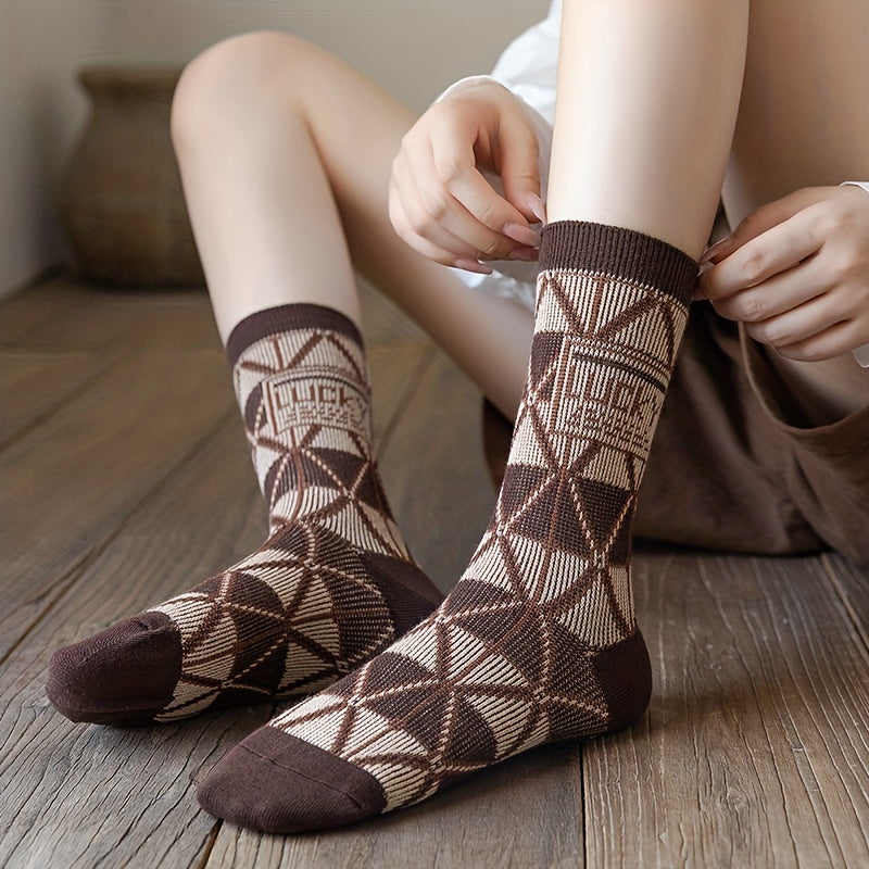 Letter Print Argyle Socks All Match Mid Tube Women's Stockin
