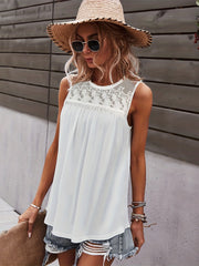 Lace Stitching Tank Top Solid Crew Neck