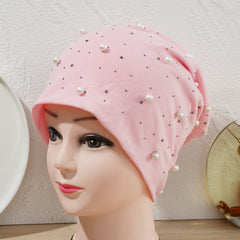 Women's Faux Pearl Beanie Warm Earmuff Stretch Headgear Head Scarf Hat Cap