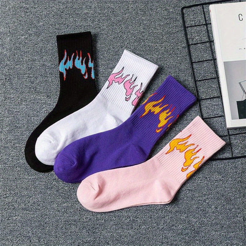 Flame Print Socks Breathable Street Mid Tube Socks Women's Stockings