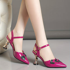Women's Ankle Strap Slingback Pumps Heart Decor Pointed Toe Heels