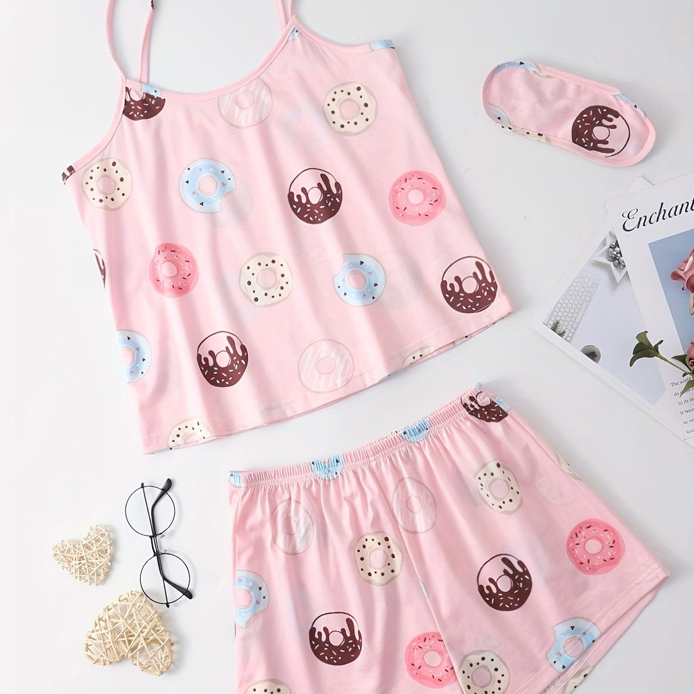 Donut Print Pajama Set Crew Neck Cami Top & Elastic Waistband Shorts