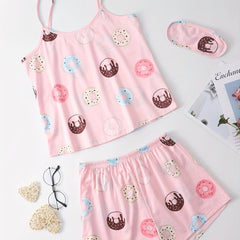 Donut Print Pajama Set Crew Neck Cami Top & Elastic Waistband Shorts