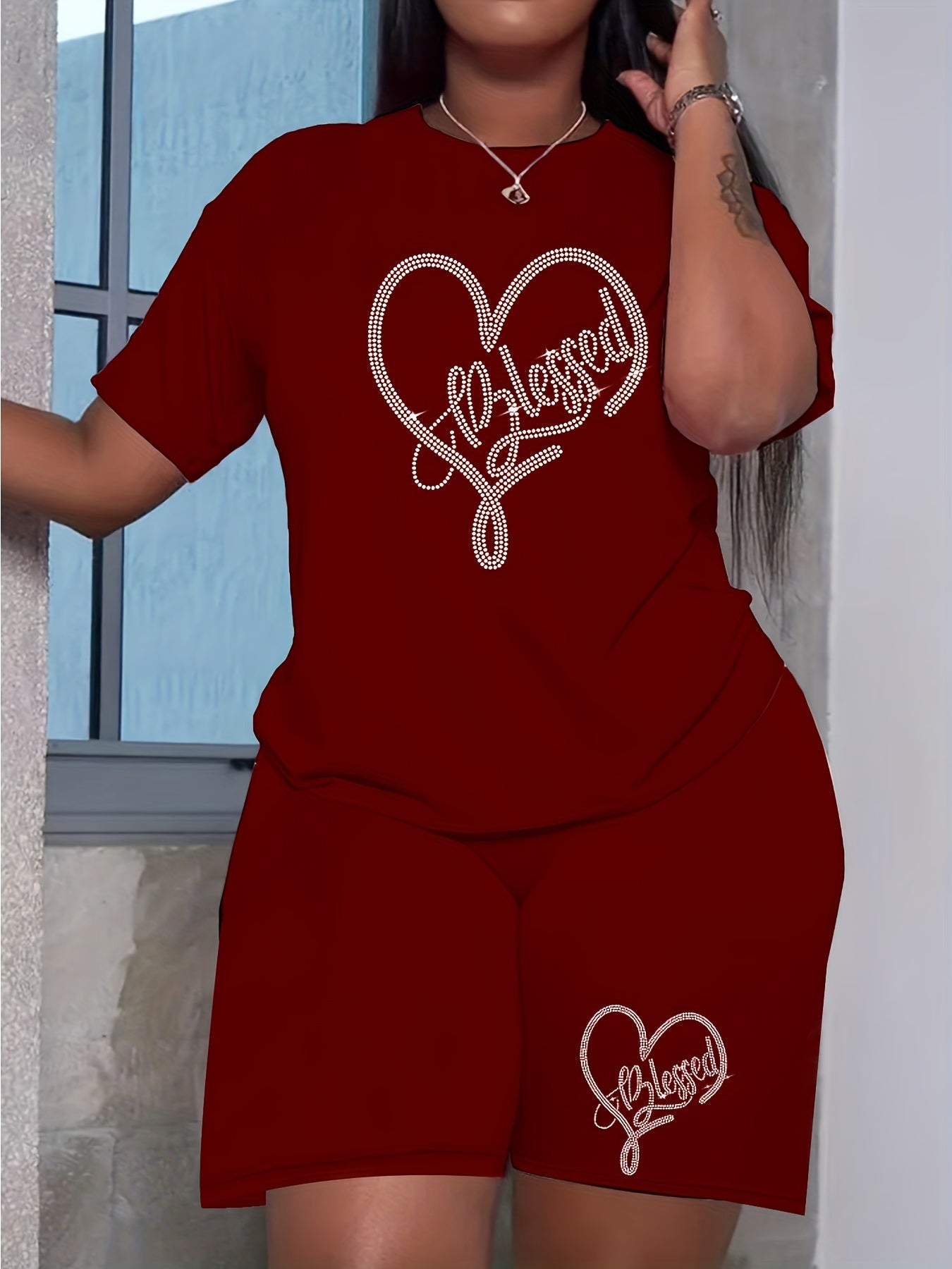 Women's Plus Rhinestone Letter Heart Tee & Shorts 2pcs Set