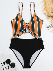 Colorblock Ruffle Trim Cut Out One Piece Swimsuit Women's Plus