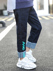 Boys Cuffed Jeans Casual Letter Graphic Slim Fit Pants
