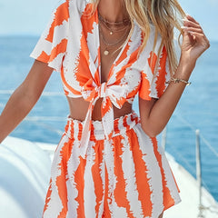 Striped Print Two Piece Set Flutter Sleeve Tops & Elastic Waist