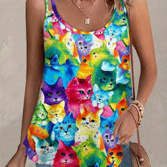 Colorful Cat Print Tank Top