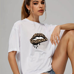 Leopard Lips Print Graphic Tee Short Sleeve Crew Neck T-shirt
