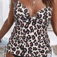 Women's Plus Leopard Print Tankini Set Halter Neck Ruched Side Swimsuit