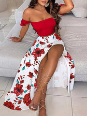 Gradient Sext Two piece Set Shirred Off Shoulder Tops & High Waist Maxi Skirts