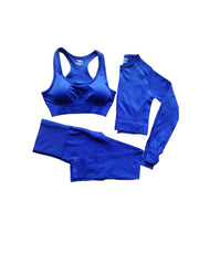 3pcs Solid Sports Suits Sports Bra & Top & Leggings Women's Activewear