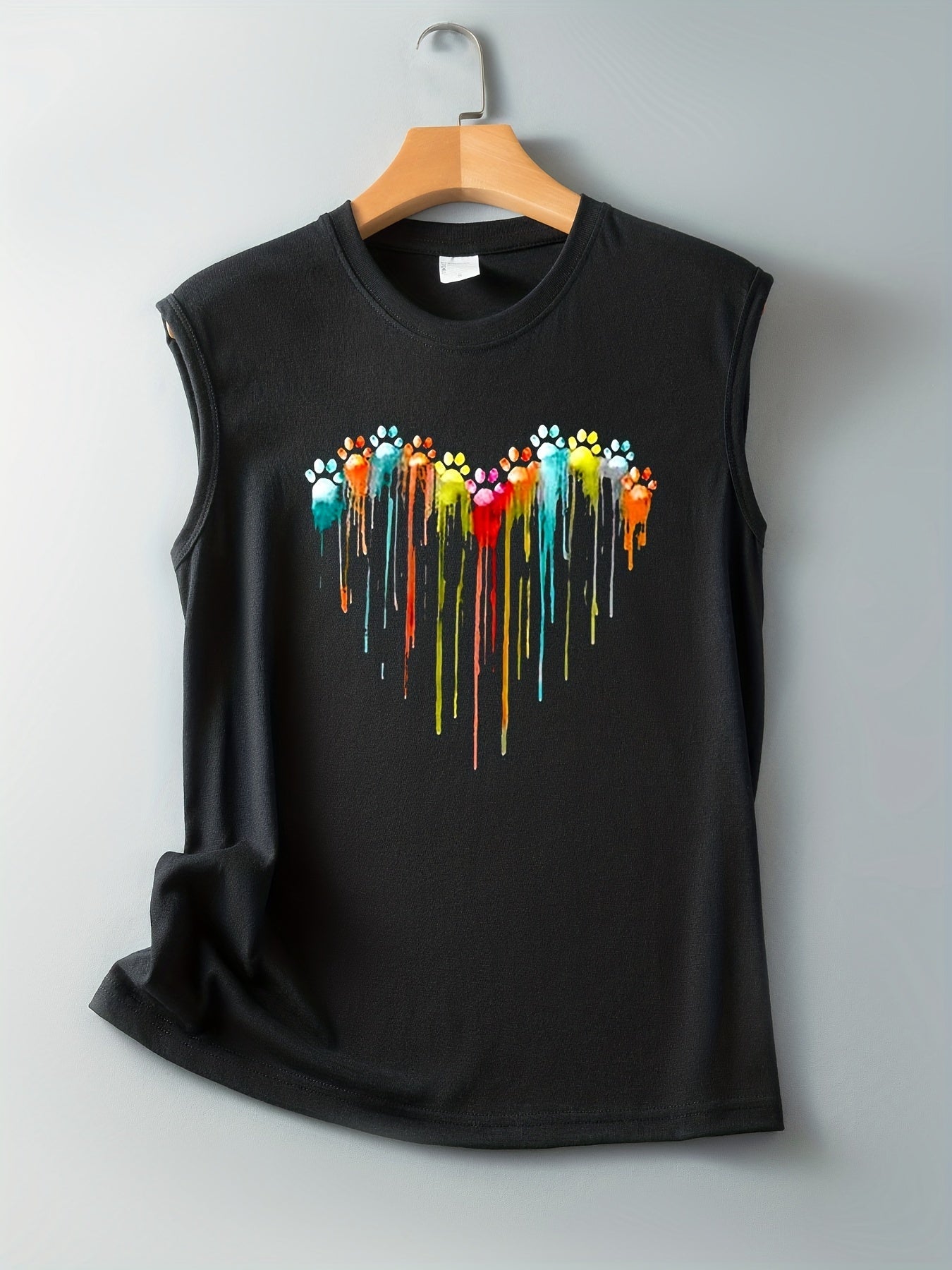 Colorful Paw Print Crew Neck Tank Top Women's Clothing