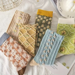 6 Pairs Textured Floral Socks Women's Mid Tube Stockings & Hosiery