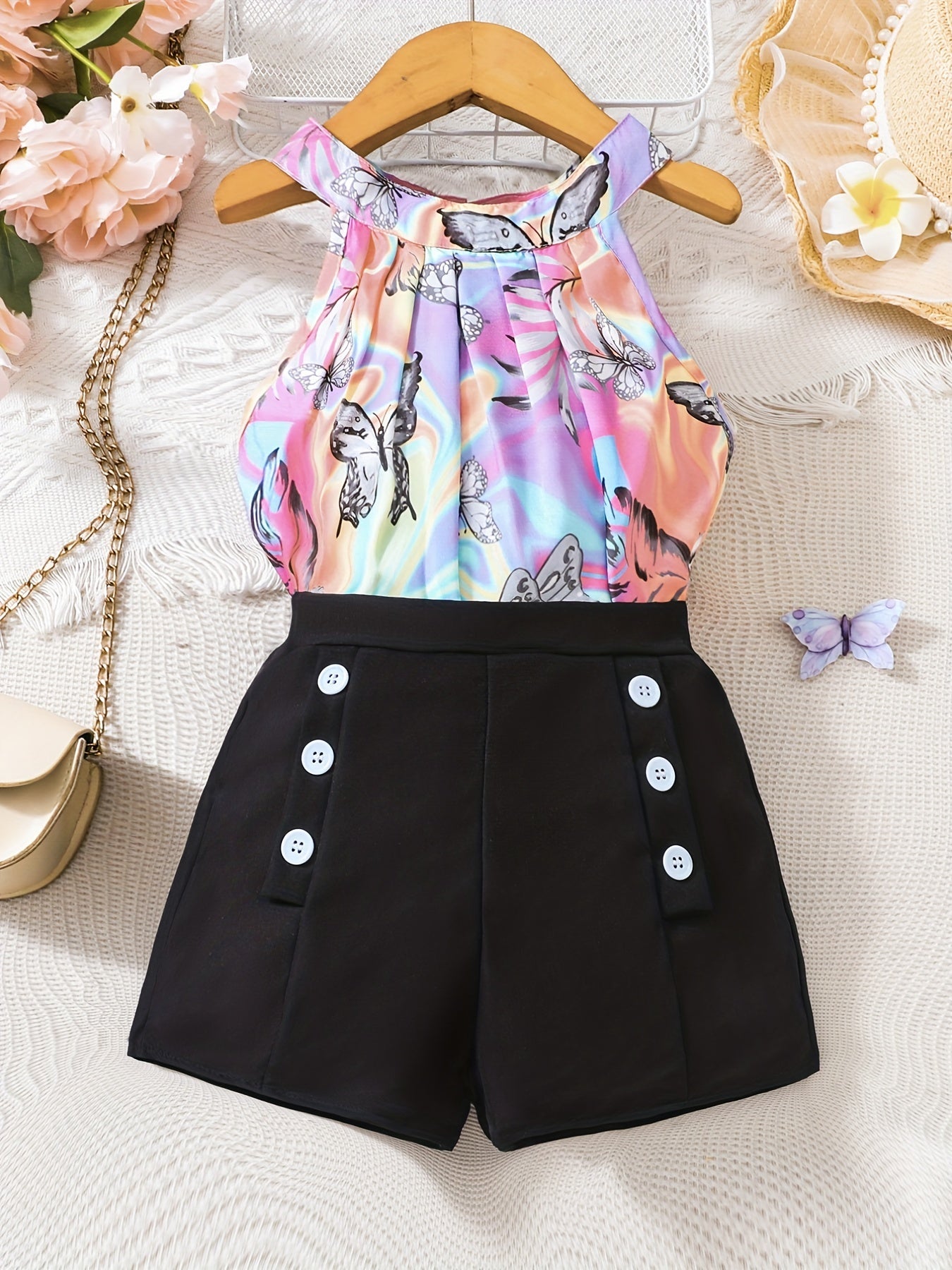 Girls' Leopard Halter Top & Button Shorts Set for Party Beach Vacation