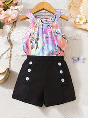 Girls' Leopard Halter Top & Button Shorts Set for Party Beach Vacation
