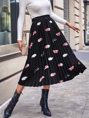 Feather Print Pleated Skirt Elastic Waist for Spring & Summer
