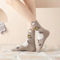 5 Pairs Cartoon Cat Print Socks Women's Stockings & Hosiery