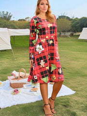 Women's Plus Christmas Print Long Sleeve A line Knee Length Dress