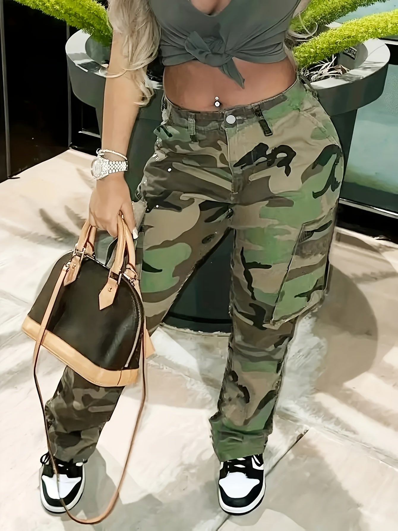 Camo Print High Stretch Cargo Jeans With Pockets